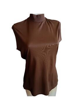 True Vintage Sleeveless Top Large Brown Mock Neck With Back Zipper Closure 1970s
